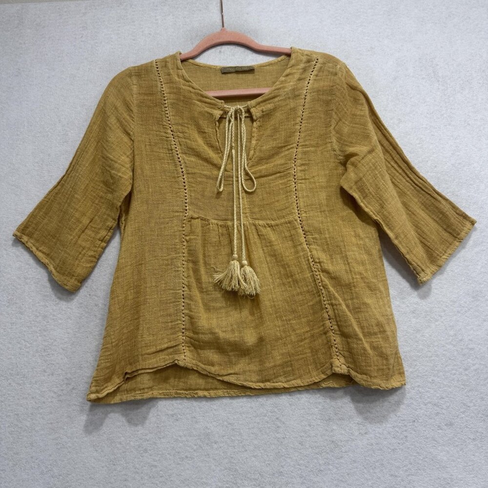 Made in Italy Linen Cotton Peasant Blouse Womens Large Mustard Tie Tassel Boho - Picture 2 of 9